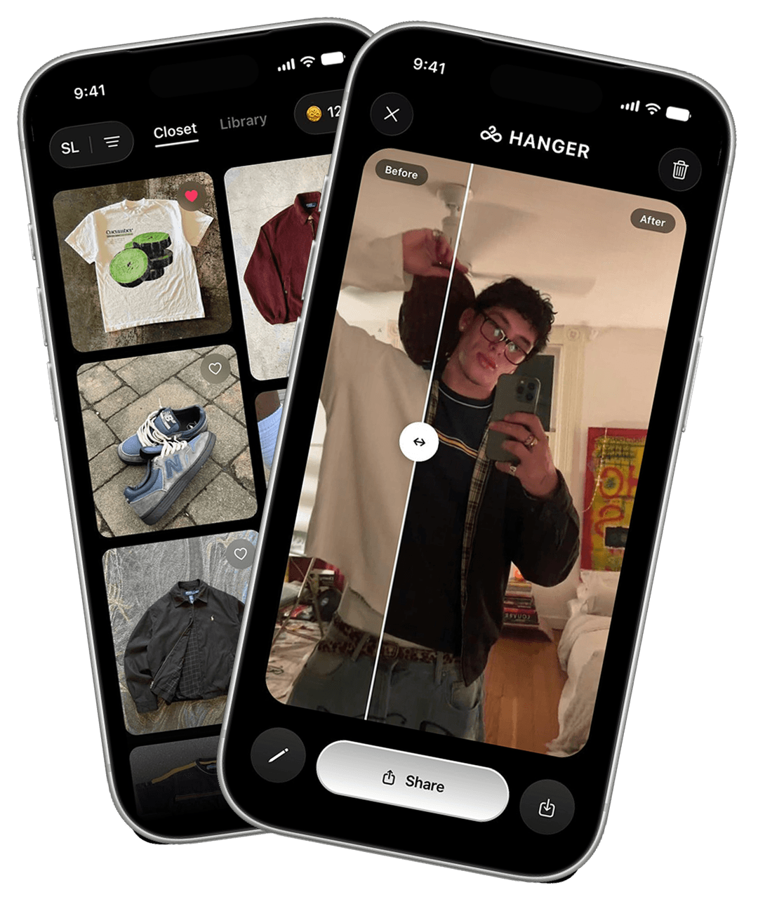 The Hanger app showing a saved closet beside a before-and-after try-on